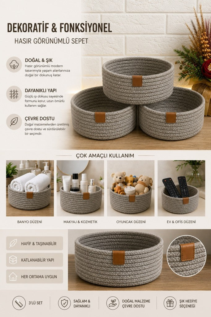 3 Lü Lüks Organizer Sepet Salon Mutfak Banyo Yatak Odası Çocuk Odası 1. Kalite Dokuma Sepet