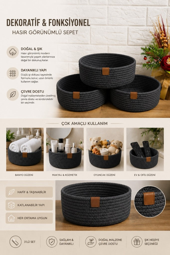 3 Lü Lüks Organizer Sepet Salon Mutfak Banyo Yatak Odası Çocuk Odası 1. Kalite Dokuma Sepet