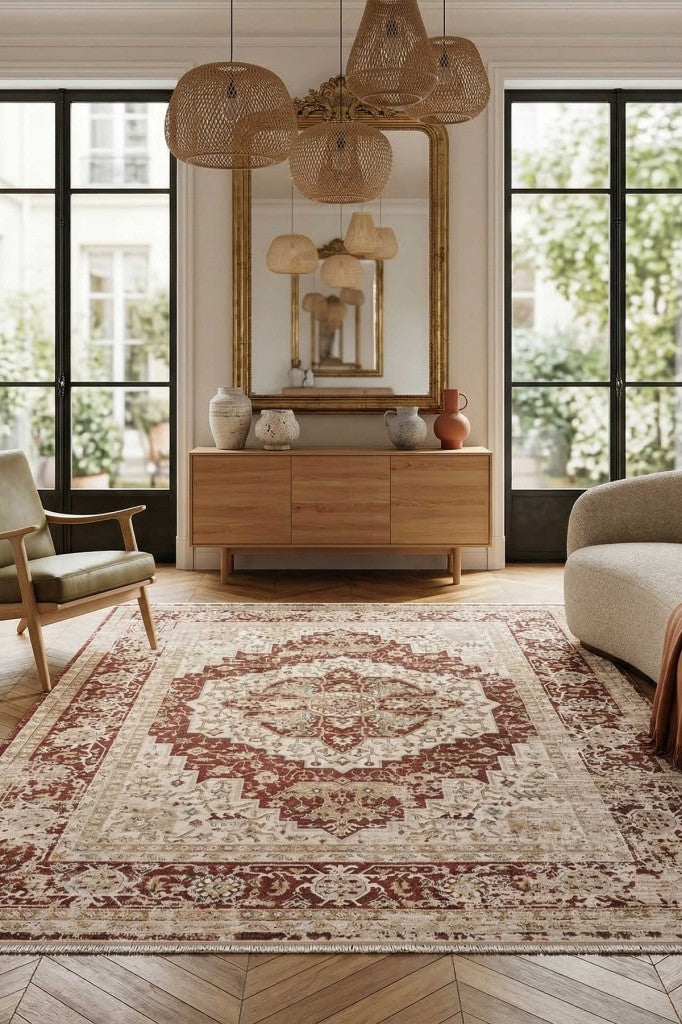 Modern Dokuma Halı Bordo Krem Salon Mutfak Antre Yolluk Oturma Odası Halısı F933E