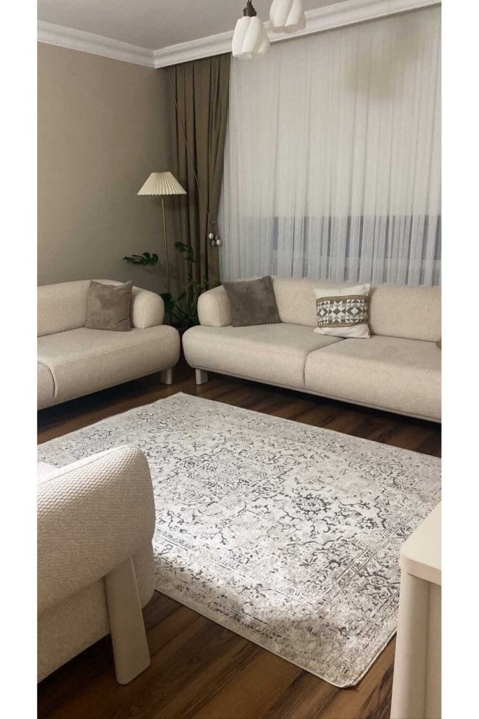 Modern Dokuma Halı Krem Bej Salon Mutfak Antre Yolluk Oturma Odası Halısı J955A